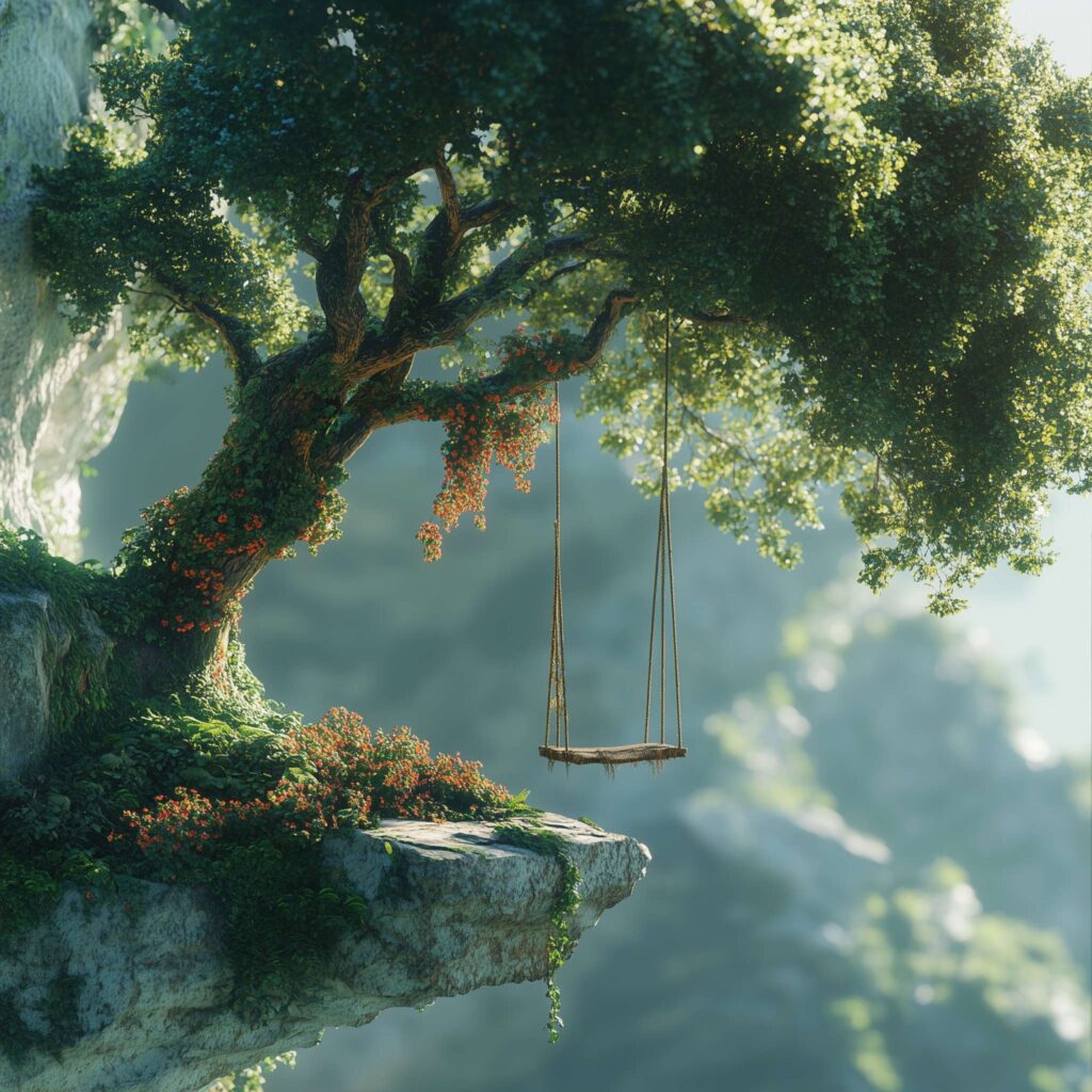 Cliffs, trees, and tree chairsillustration